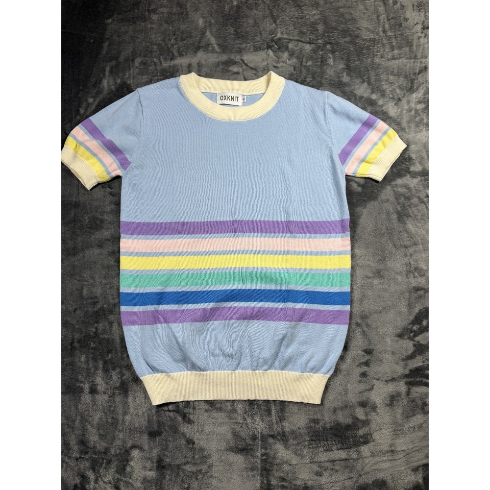OXKNIT Retro Rainbow Stripe Short Sleeve Knit Sweater M